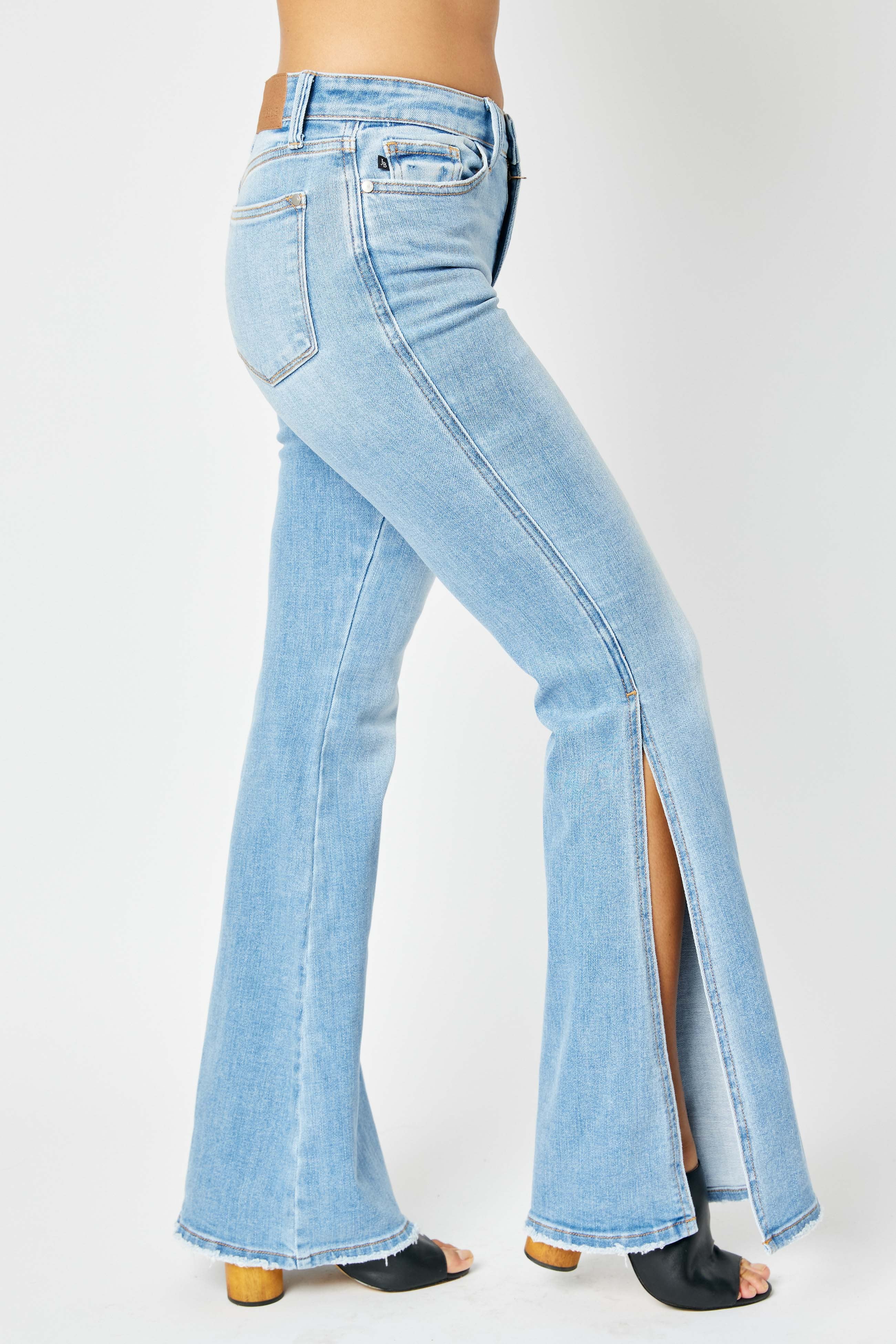 BT-P {Judy Blue} Med. Blue Mid-Rise Peak-A-Boot Slit Flare Jeans PLUS SIZE 14 16 - Image 7