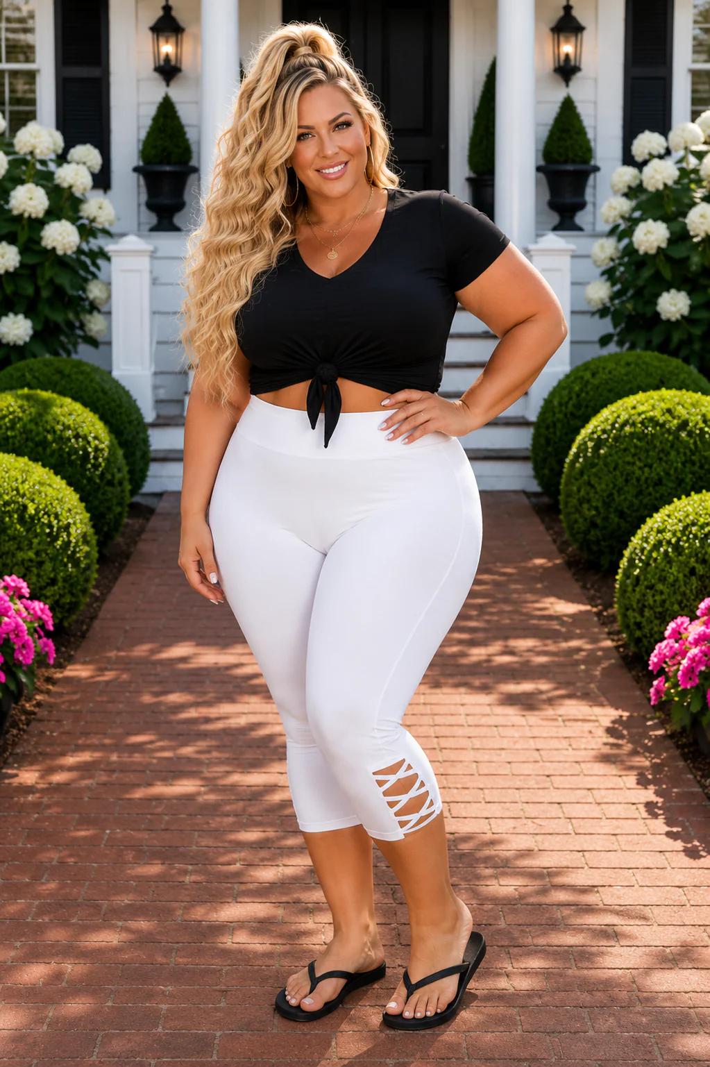 LEG-115 {Running Laps} White Criss-Cross Yoga Capri PLUS SIZE 1X 2X 3X