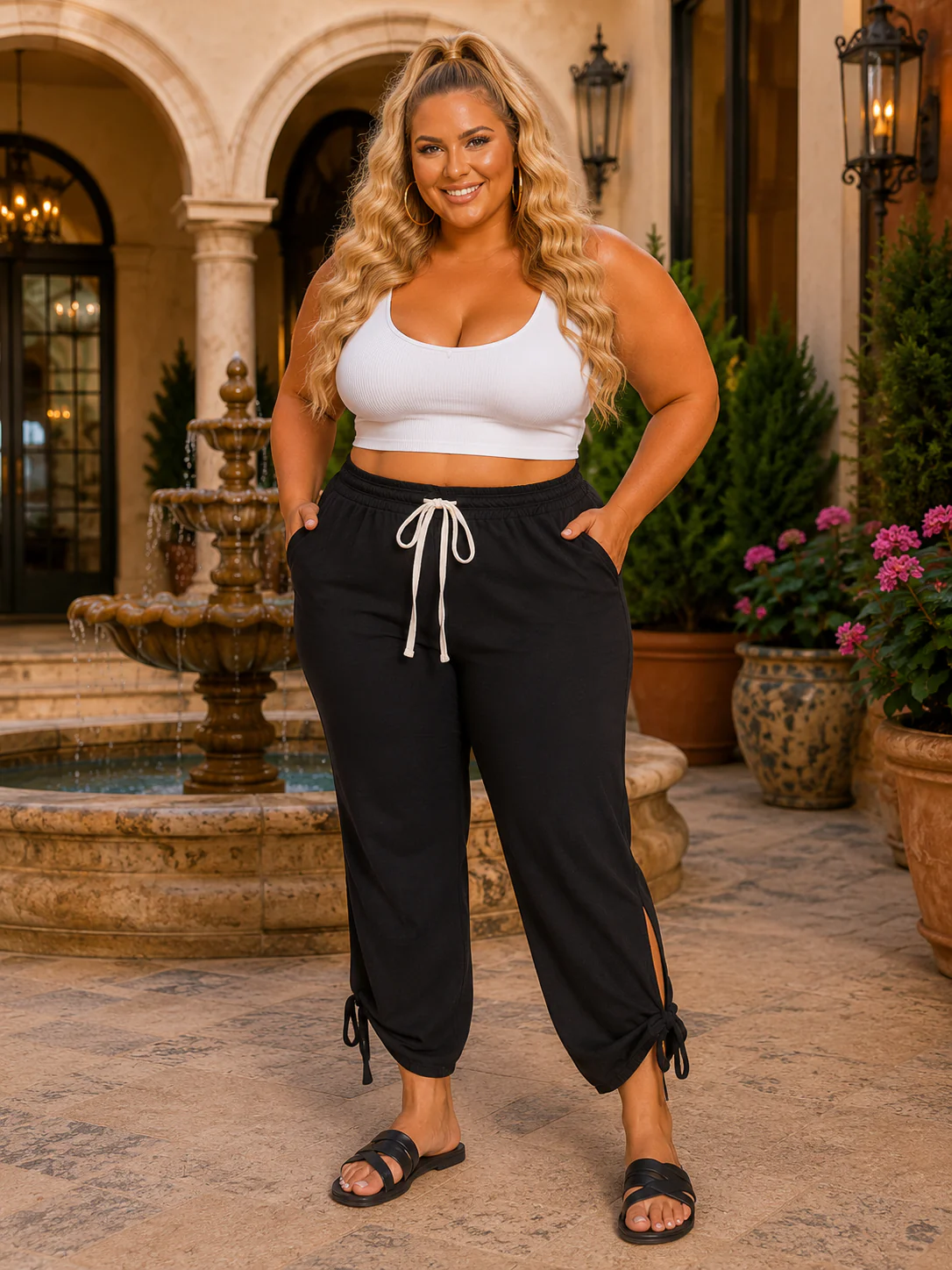 BT-S {Out Of Excuses} Black Split Tied Jogger Pants PLUS SIZE 1X 2X 3X