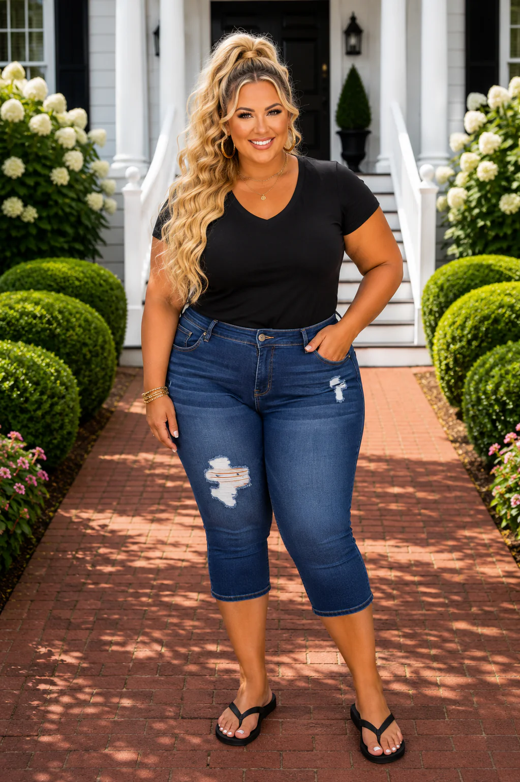 LEG-33 {Royalty For Me} Dark Indigo Ripped Capri Jeans EXTENDED PLUS SIZE 14 16 18 20 22 24