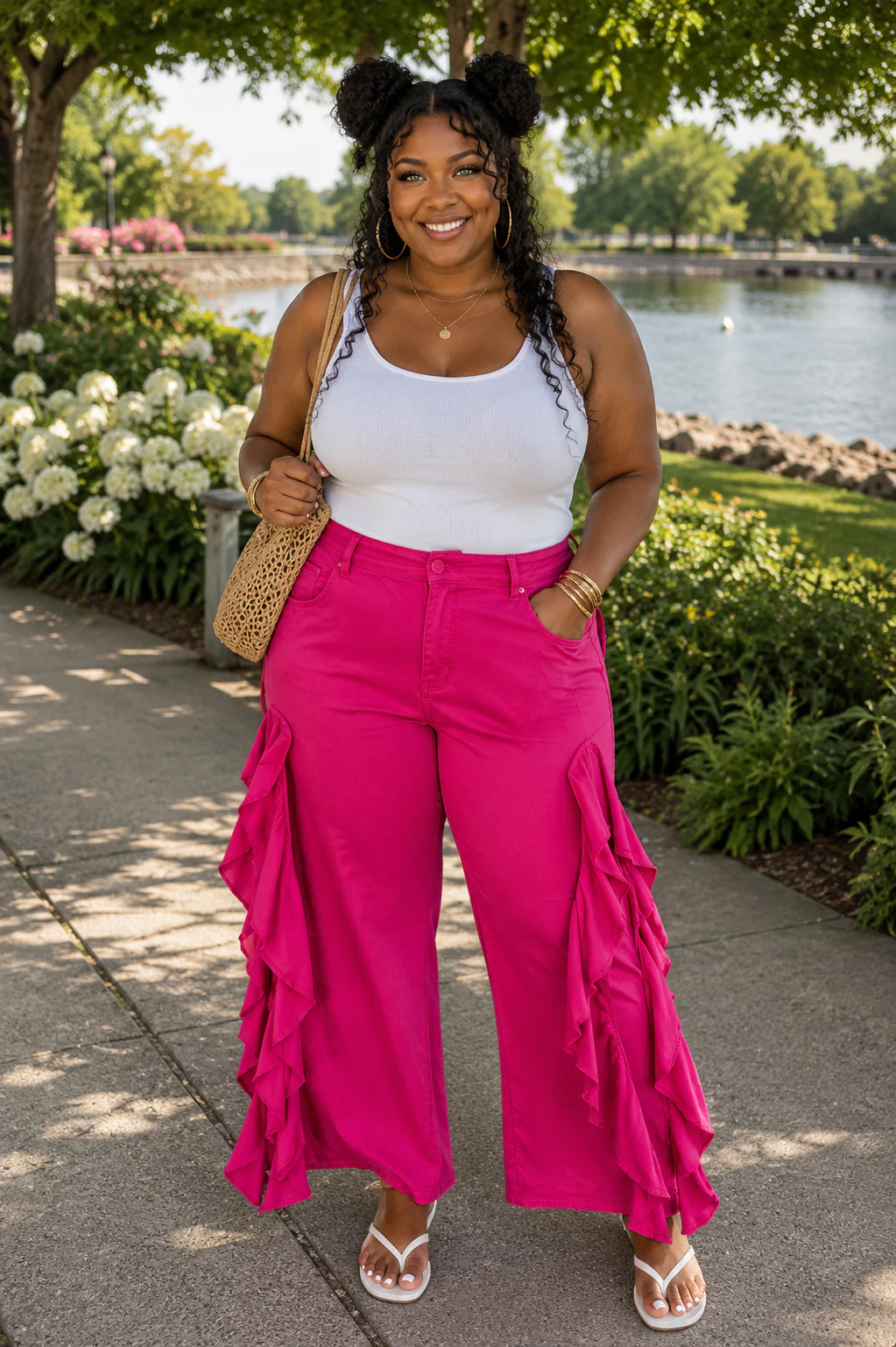 BT {Statement Ruffle} Fuchsia Wide Leg Side Ruffle Pants PLUS SIZE 3X