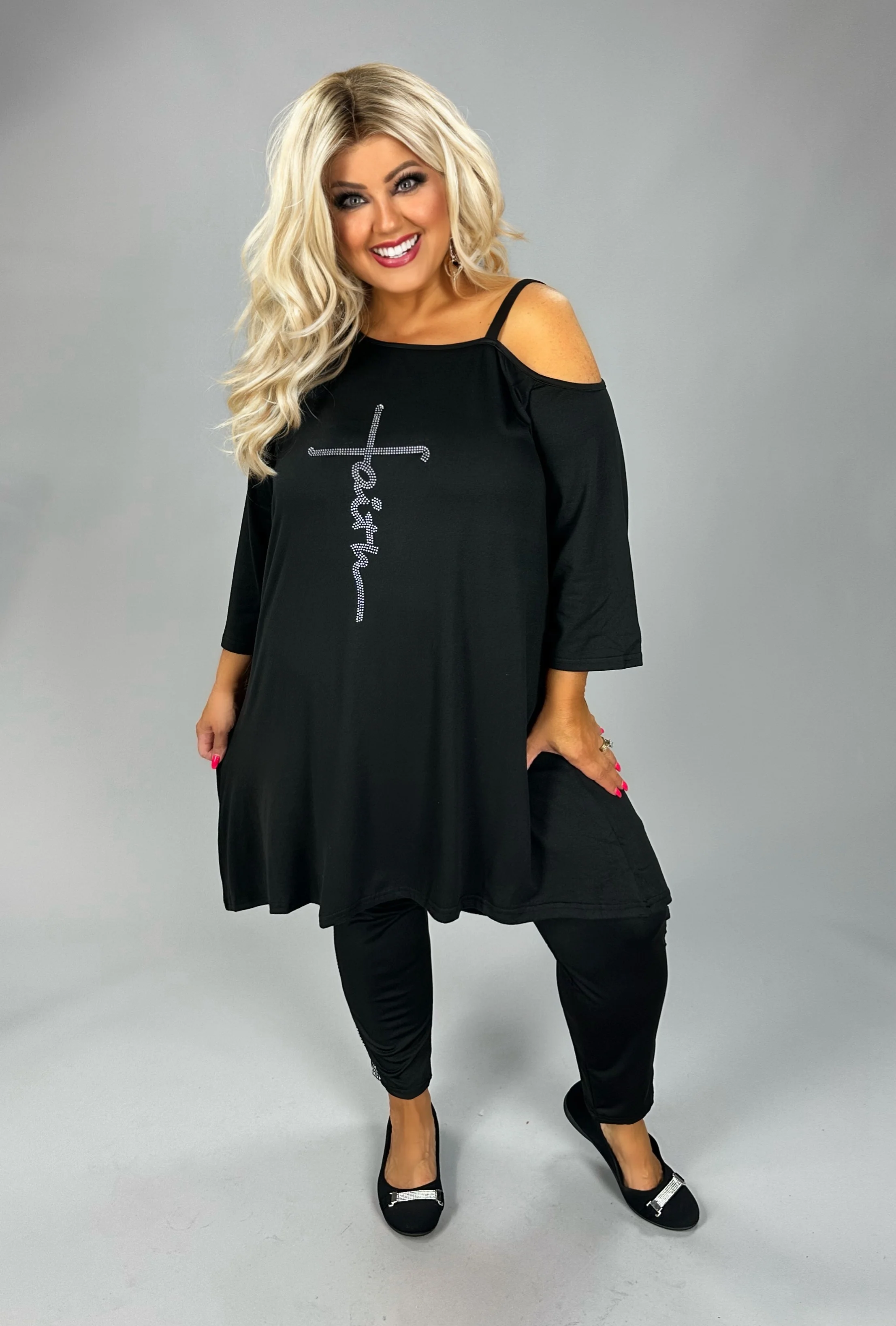 GT {Leap Of Faith} Black Open Shoulder "faith" Tunic CW PLUS SIZE 2X 3X