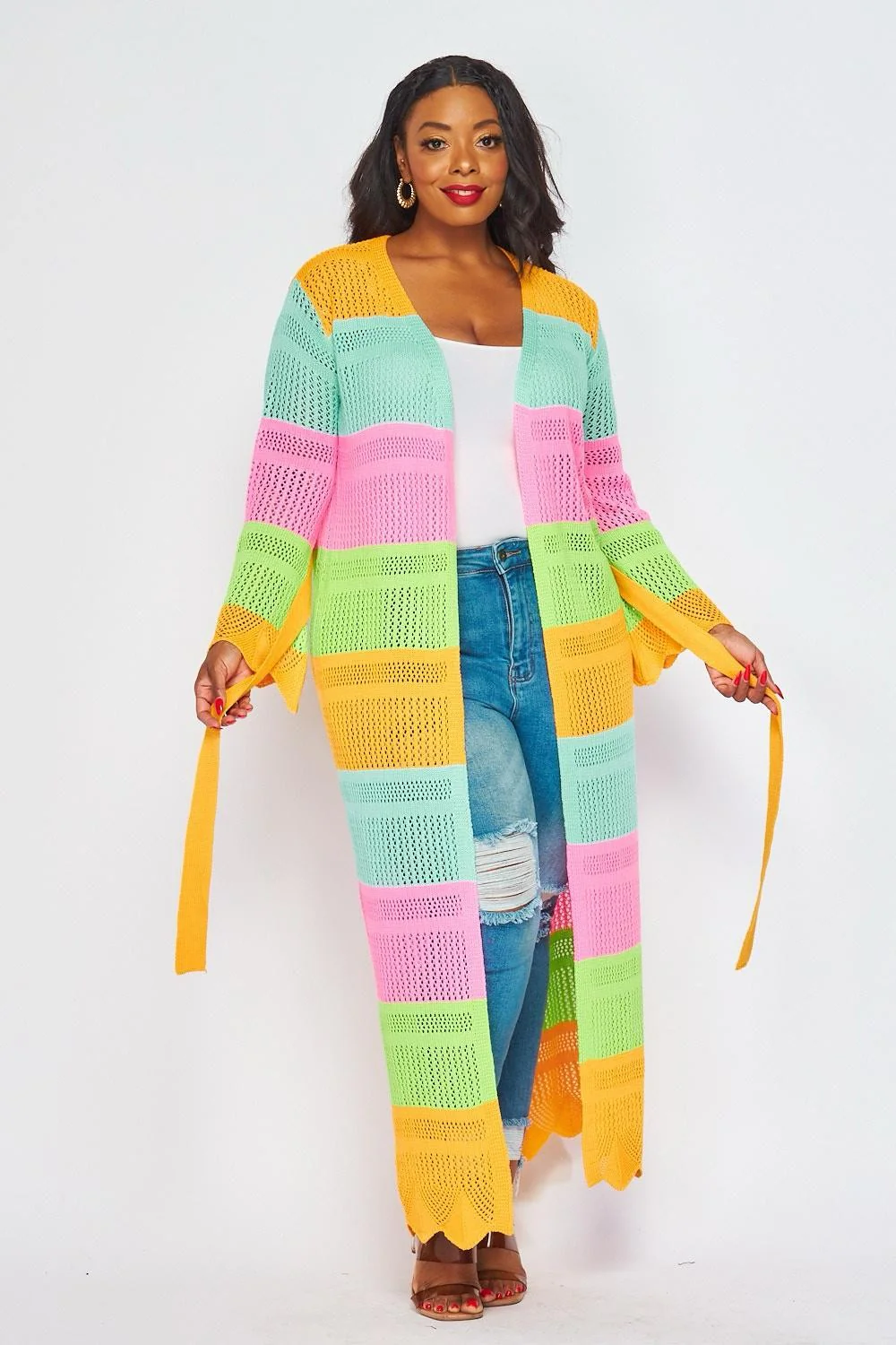 LD-E {Stop Time} Orange Combo Crochet Knit Long Cardigan PLUS SIZE 1X 2X 3X - Image 4