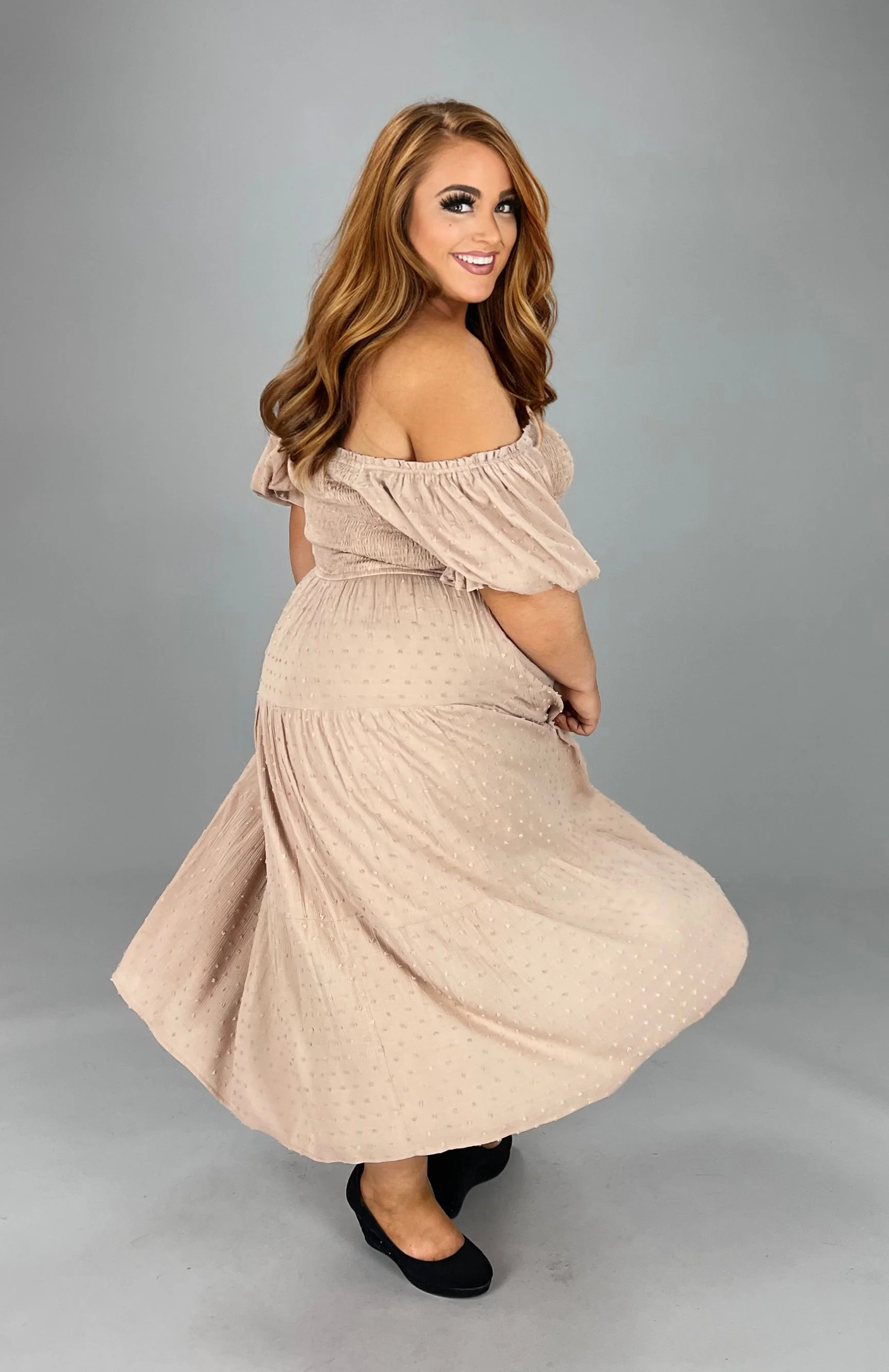 LD-F {Weekend Memories} Taupe Smocked Dress PLUS SIZE XL 1X 2X - Image 3