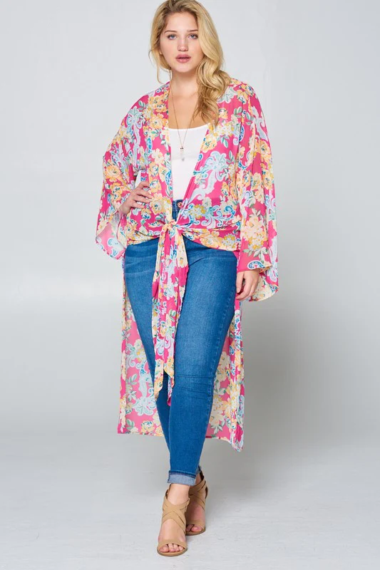 LD {Floral Daydream} Hot Pink Floral Sheer Duster Kimono PLUS SIZE 1X 2X 3X - Image 2