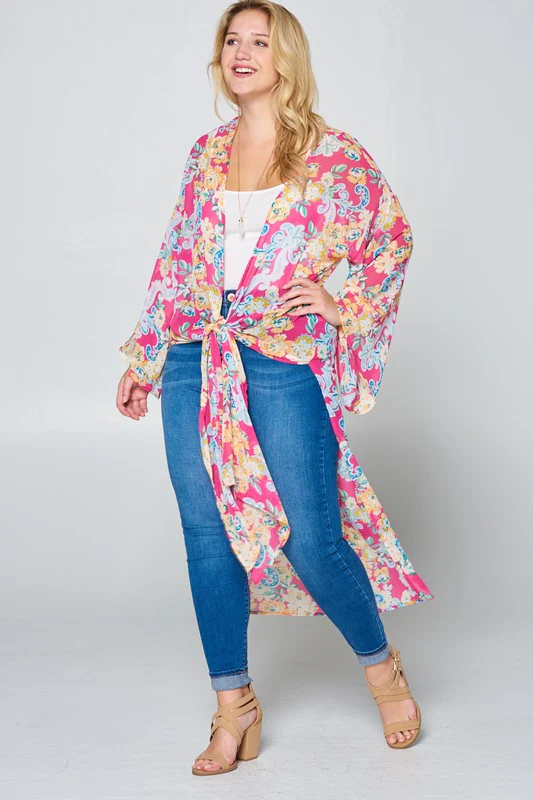 LD {Floral Daydream} Hot Pink Floral Sheer Duster Kimono PLUS SIZE 1X 2X 3X - Image 3