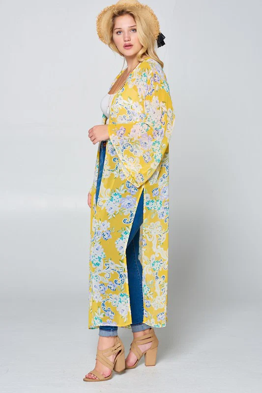 LD {Floral Daydream} Yellow Floral Sheer Duster Kimono PLUS SIZE 1X 2X 3X - Image 3