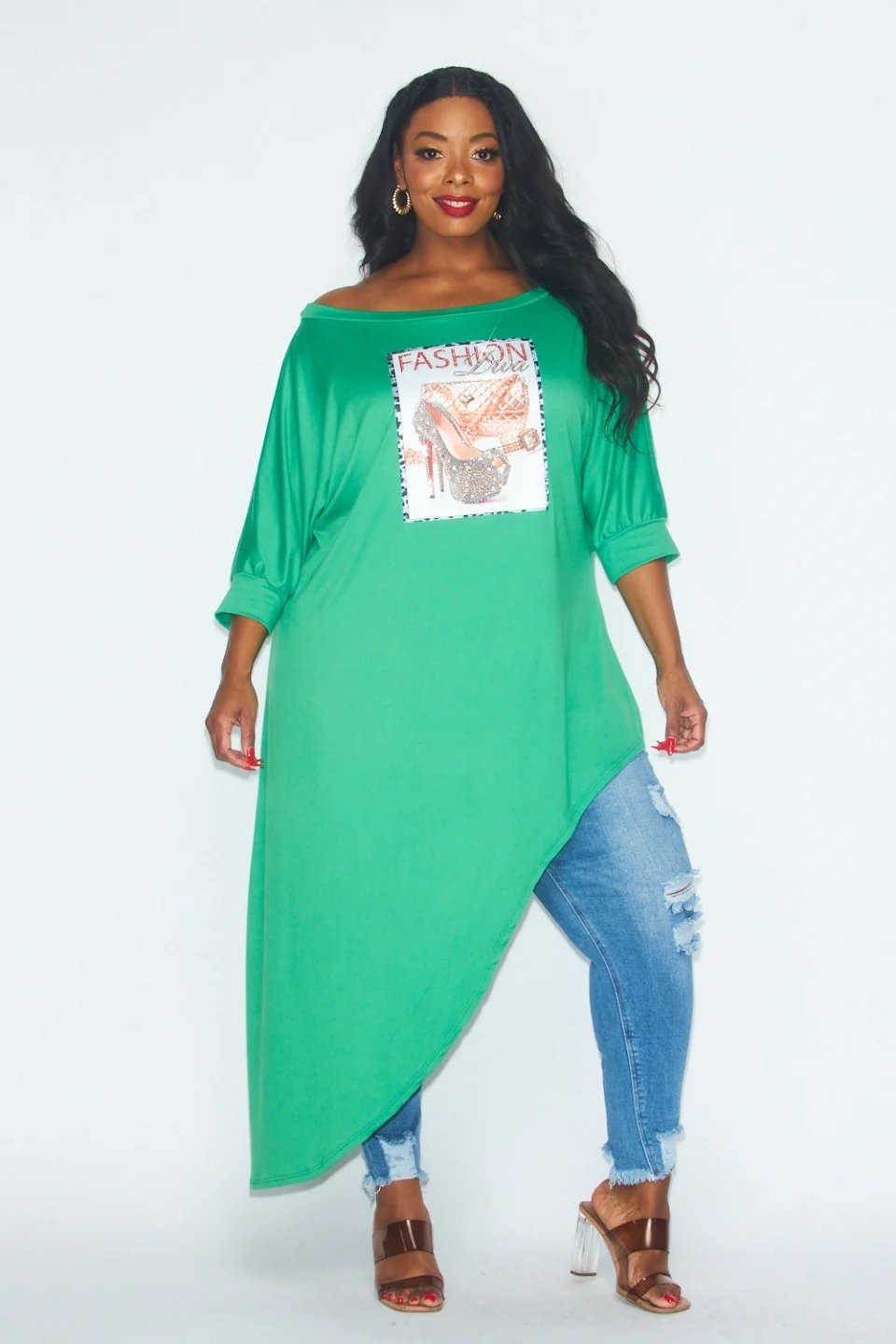 LD-I {Fashion Diva} Green Asymmetrical Tunic w/Sequins PLUS SIZE 1X 2X 3X - Image 3