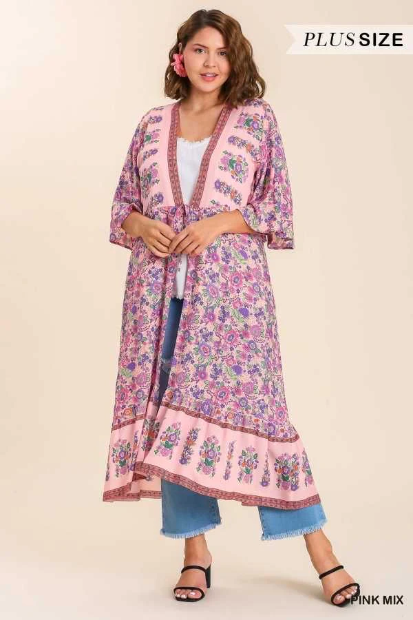LD-R   {There She Goes} Umgee Pink Mix Floral Kimono PLUS SIZE XL 1X 2X - Image 3