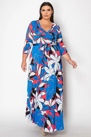 LD {Time For Fun} Coral Royal Blue Faux Wrap Maxi Dress PLUS SIZE XL 2X 3X - Image 3