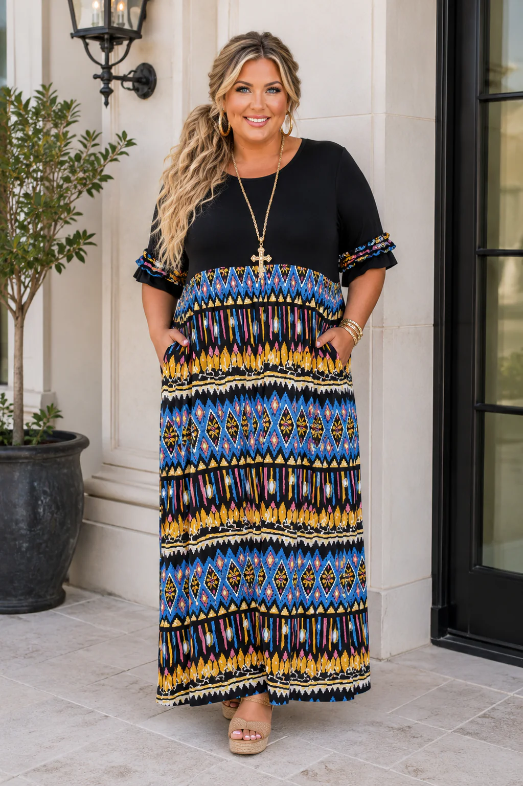 LD {Tribal Fusion} Black Tribal Print Contrast Maxi Dress EXTENDED PLUS SIZE 3X 4X 5X