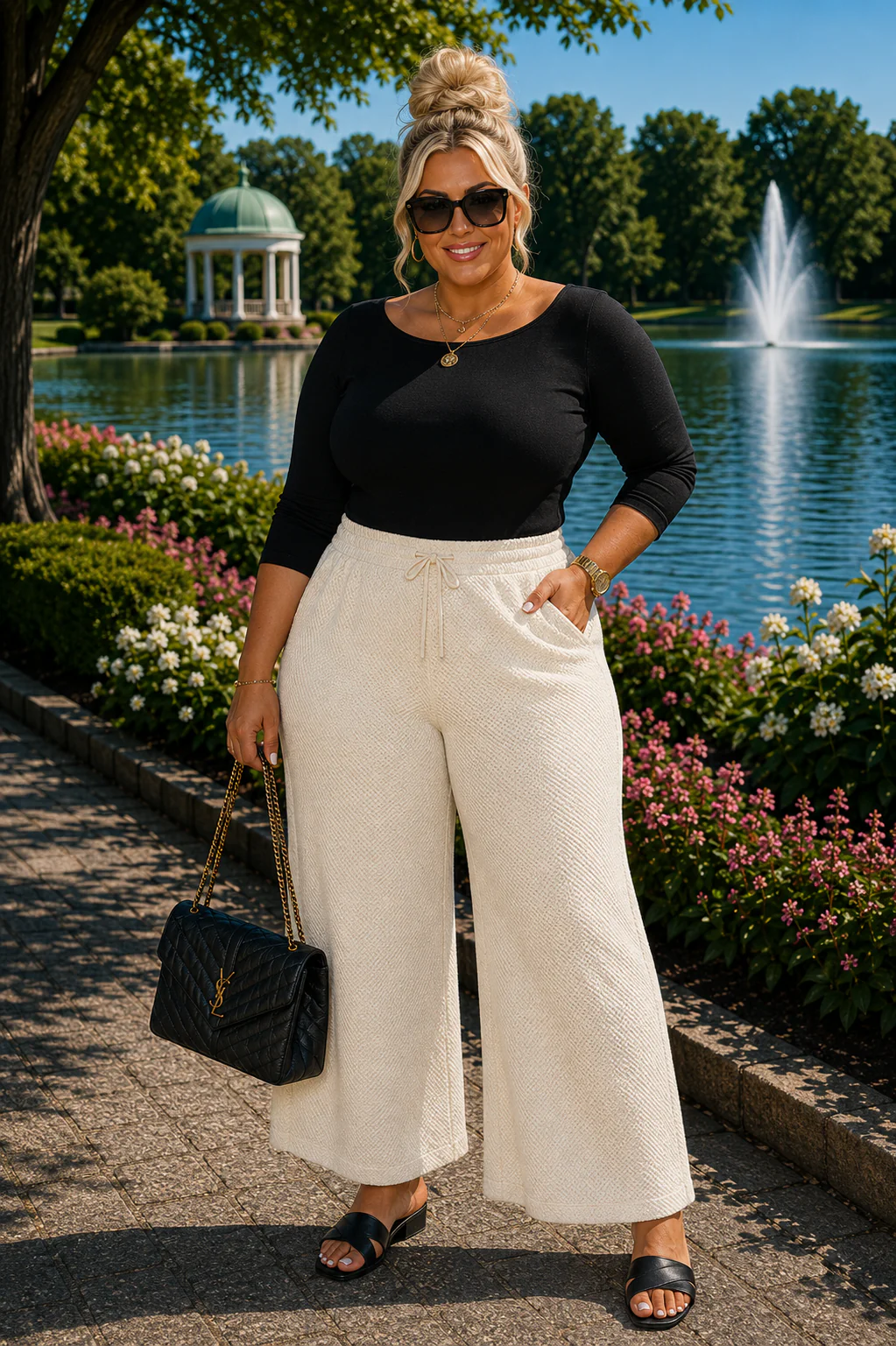 LEG-48 {Be Seen} Cream Textured Crop Wide Pants PLUS SIZE 1X 2X 3X