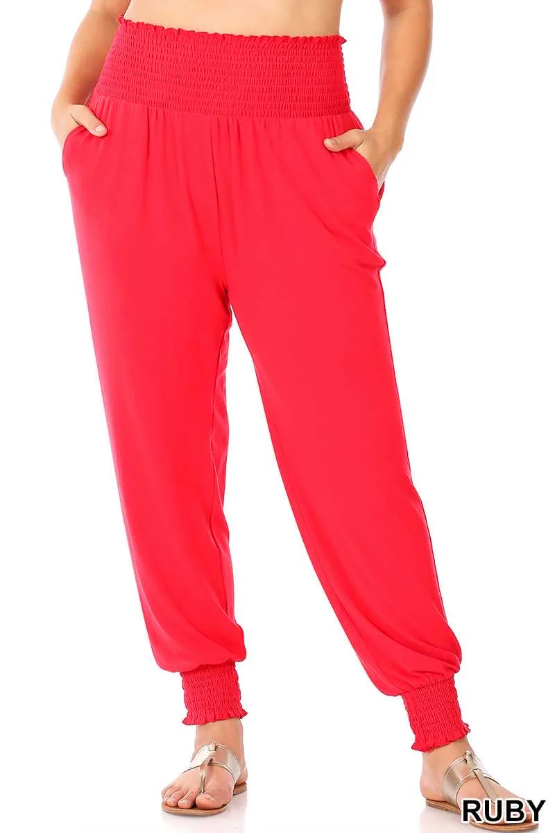 LEG-40 {Jog Around Town} Red Smocked  Waist Jogger Pants PLUS SIZE XL 2X 3X - Image 2
