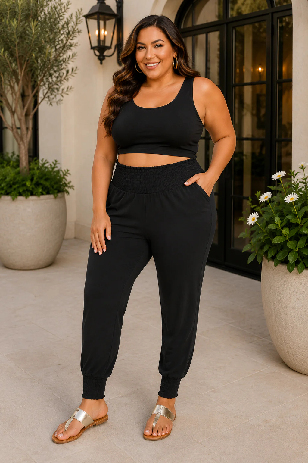 LEG-19 {Jog Around Town} Black  Smocked Waist Jogger Pants PLUS SIZE XL 2X 3X