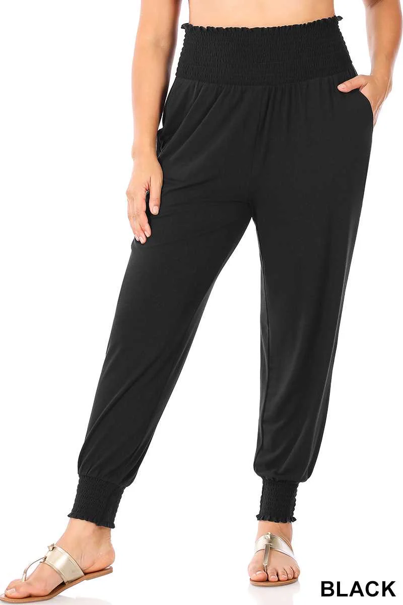 LEG-19 {Jog Around Town} Black  Smocked Waist Jogger Pants PLUS SIZE XL 2X 3X - Image 2
