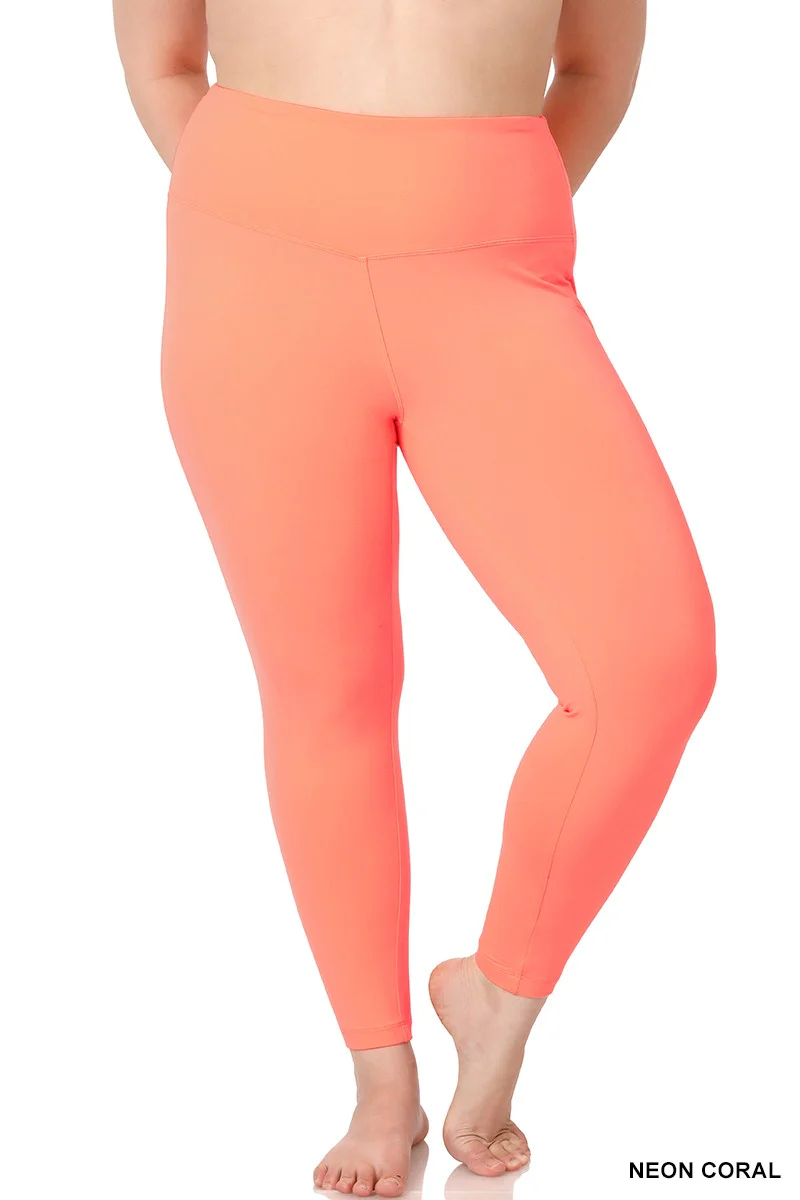 LEG-70 {Sporty Vibe} Neon Coral Wide Waistband Leggings PLUS SIZE 1X 2X 3X - Image 2