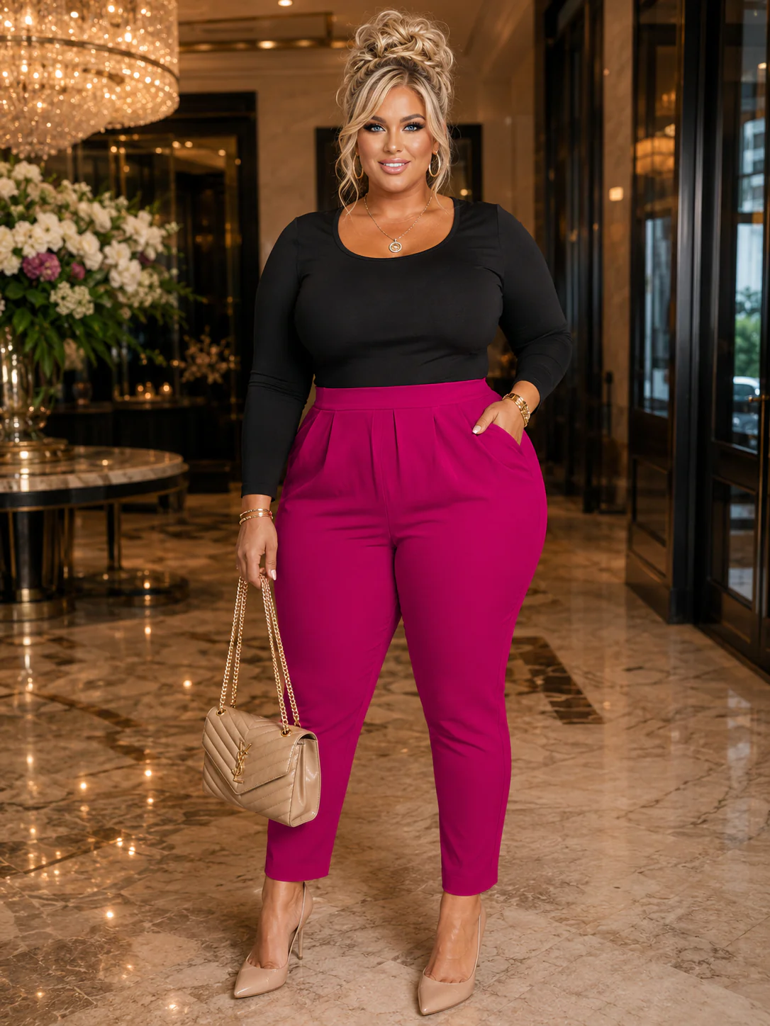 LEG-45 {Strong Finish} Magenta Pleated Dress Pants w/Pockets PLUS SIZE 1X 2X 3X