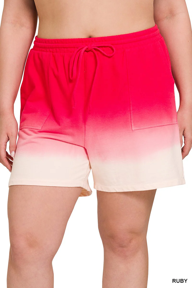 LEG-8 {In The Zone} Zenana Red Dip Dye Shorts PLUS SIZE 1X 2X 3X