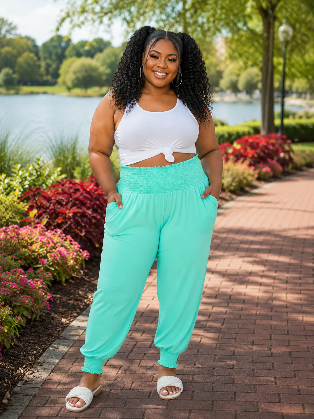 LEG-58 {Fast Forward Mint Smocked Waist Jogger Pants PLUS SIZE 1X 2X 3X