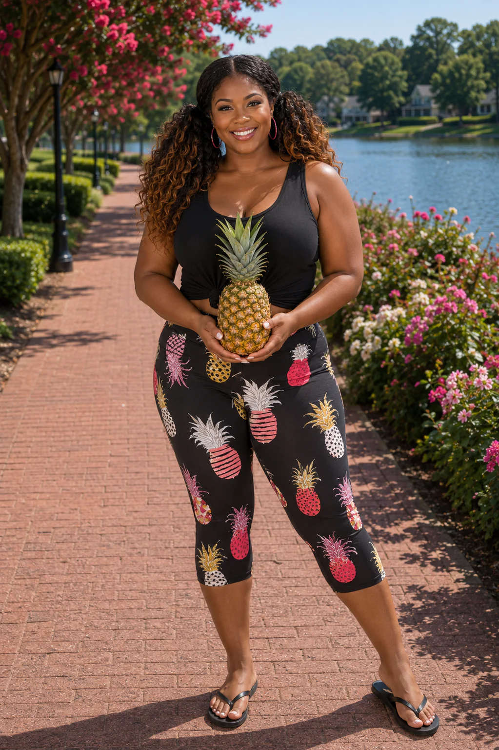 LEG-7 {Paradise Valley) Black Pianeapple Butter Soft Capri Leggings Plus Size