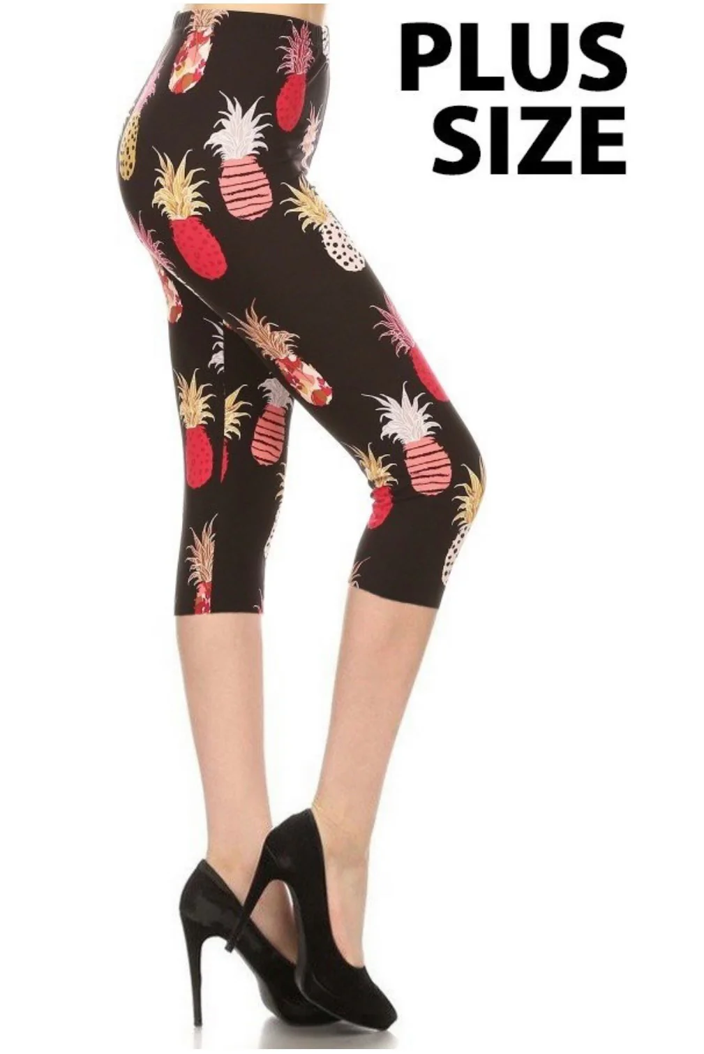 LEG-7 {Paradise Valley) Black Pianeapple Butter Soft Capri Leggings Plus Size - Image 2