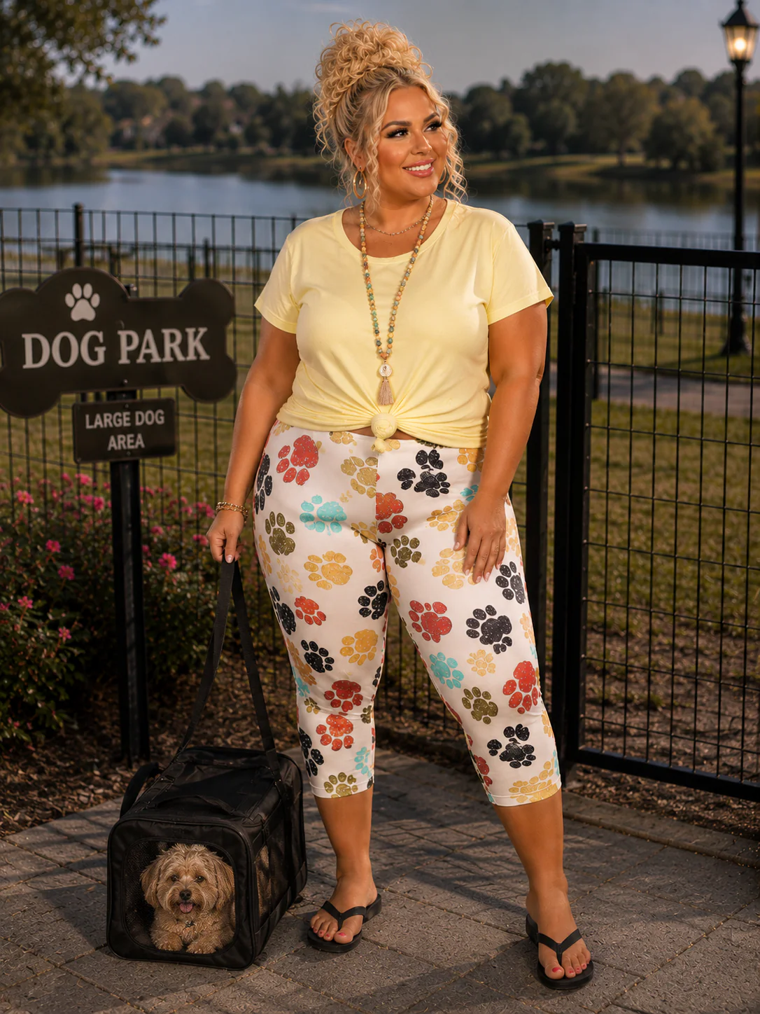 LEG-14 {Ruff Ruff} Cream Paw Print Butter-Soft Capri Leggings  PLUS SIZE