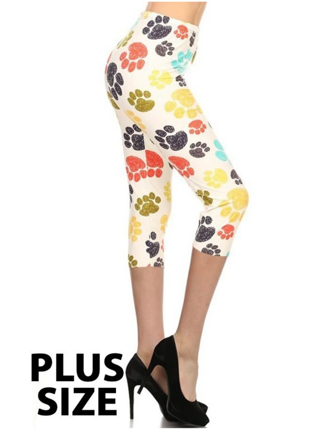 LEG-14 {Ruff Ruff} Cream Paw Print Butter-Soft Capri Leggings  PLUS SIZE - Image 2
