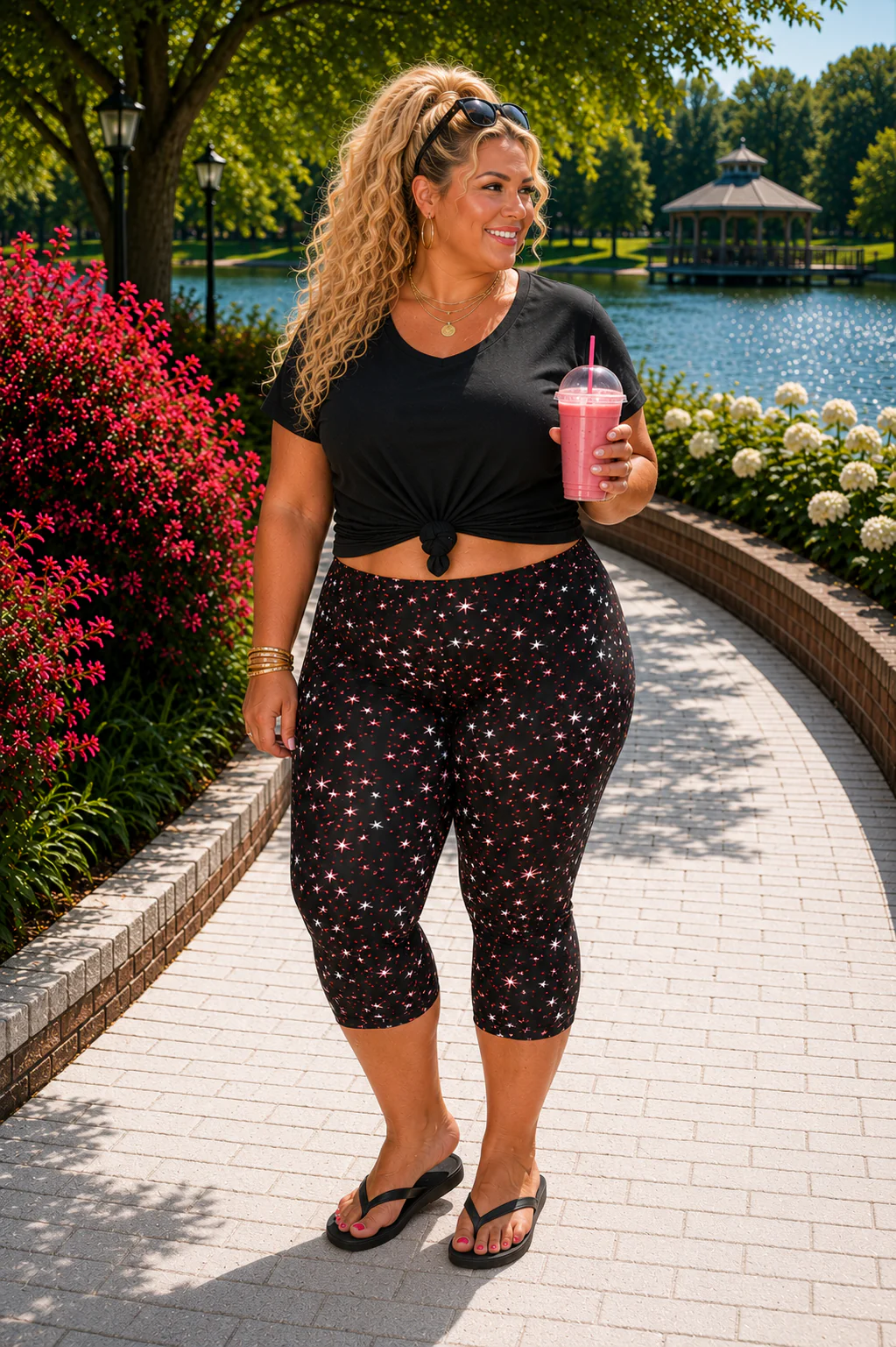 LEG-70 {Spectacular Sparkles} Red/Blue Star Capri Leggings  EXTENDED PLUS SIZE 3X/5X