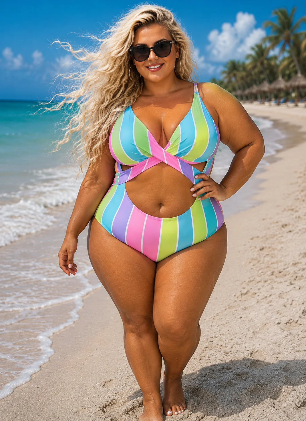 SWIM-D {Bright Sea Swim} Multi-Color Stripe Print Swimsuit PLUS SIZE 3X