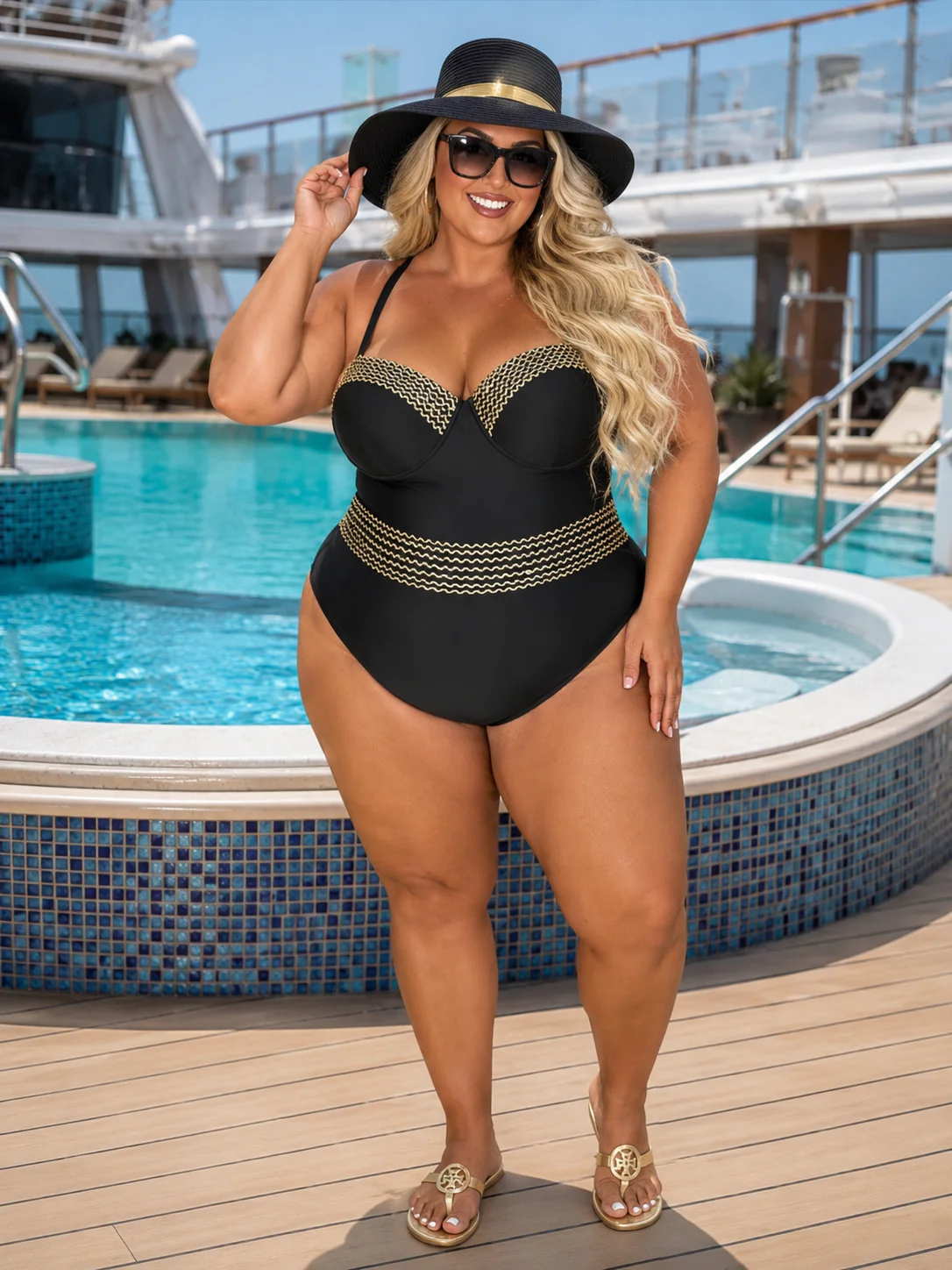 SWIM-H {Sophisticated Swim} Black/Gold One Piece Swimsuit EXTENDED PLUS SIZE 4X