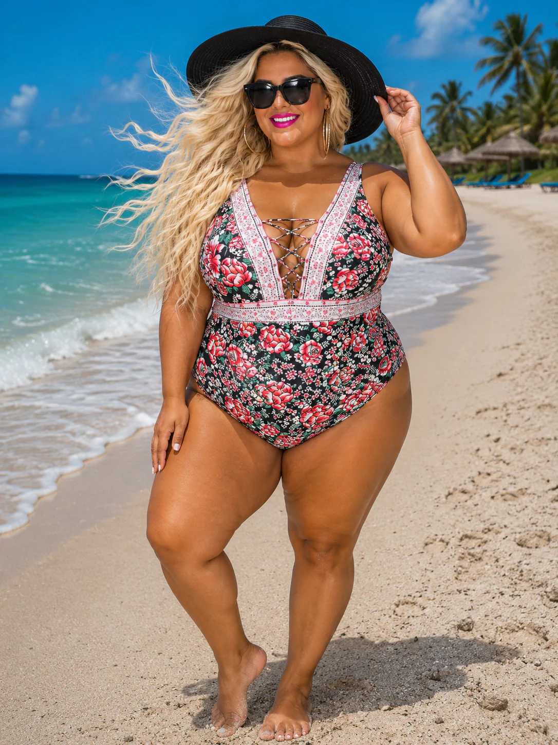 SWIM-M {Secret Keeper} Black Floral 1 Piece Swimsuit PLUS SIZE 2X 3X